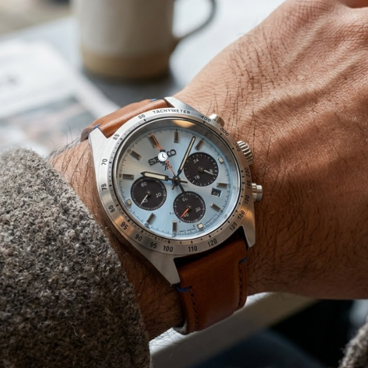 Elite Sky Blue Chronograph Watch with Stainless Steel Case & Leather Band
