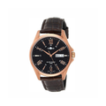 Men's Rose Tone Leather Band Day Date Roman Black Dial Watch