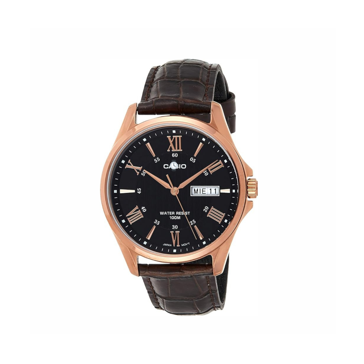 Men's Rose Tone Leather Band Day Date Roman Black Dial Watch