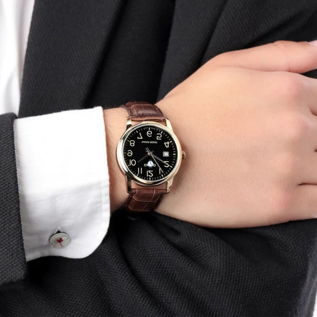 Men's Rose Tone Leather Band Day Date Roman Black Dial Watch