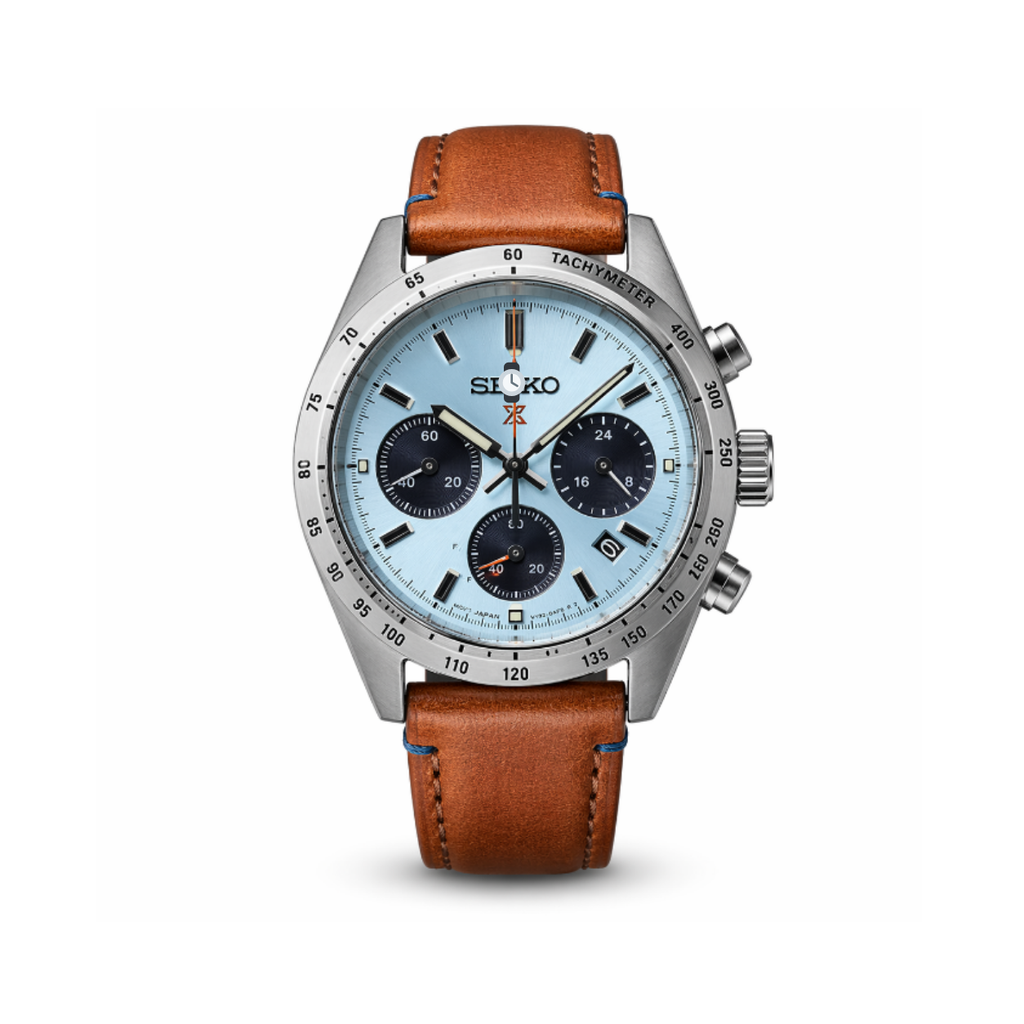 Elite Sky Blue Chronograph Watch with Stainless Steel Case & Leather Band