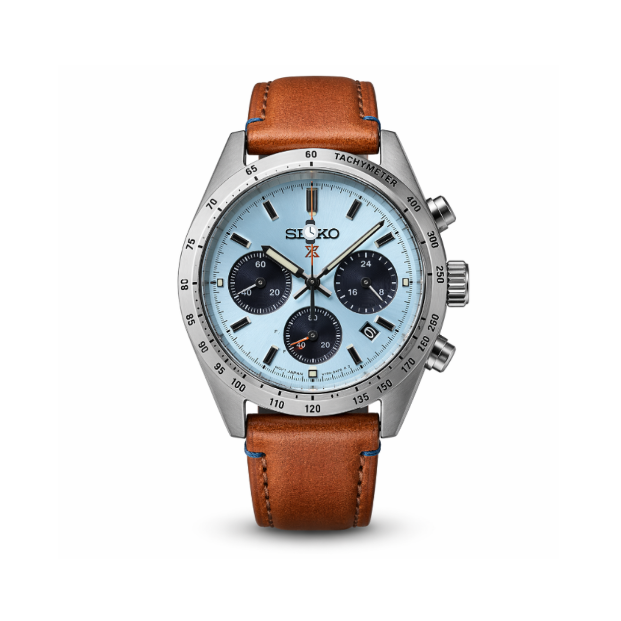 Elite Sky Blue Chronograph Watch with Stainless Steel Case & Leather Band